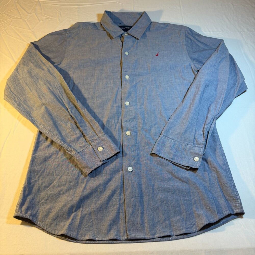 Nautica XL Chambray Shirt Men Blue Cotton Long Sleeve Button Down Casual Beach